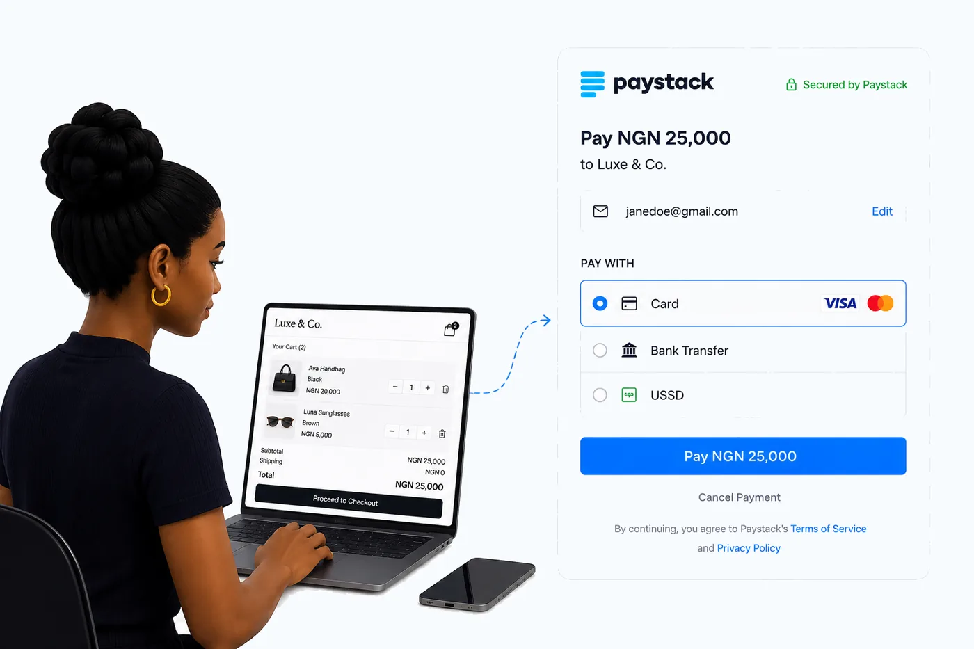Paystack checkout flow with card, bank transfer, and USSD payment options